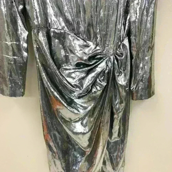 Saint Laurent Womens Silver Draped Waist Faux Wrap Metallic Silk Dress FR 40 - Picture 15 of 16